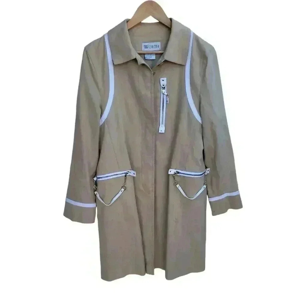 WORTH Beige CANVAS/WHITE LEATHER TRIM WALKING COAT 12